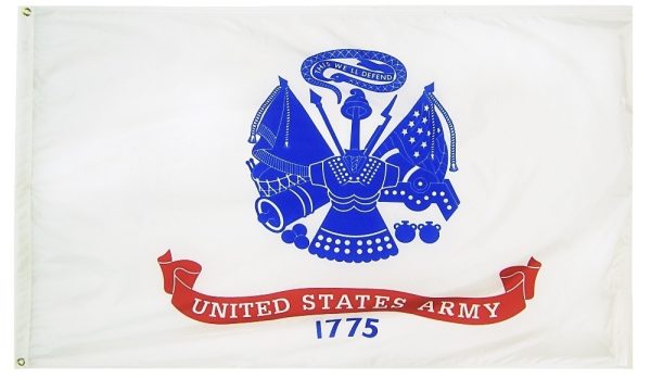A white flag emblazoned with a blue War Office Seal in the center. The seal features a cuirass, sword, drum, and rattlesnake holding a liberty cap. Below the seal is a red scroll with "United States Army" in white and "1775" in blue below that.