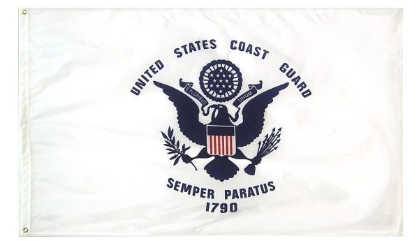 A white rectangular flag with the dark blue Great Seal of the United States centered on the field. The seal features an eagle with a shield on its breast and inscriptions above and below.