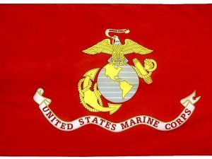 United States Marine Corps Flag Alt text: A red flag with the emblem of the United States Marine Corps in the center. The emblem features a golden eagle perched on a globe, holding a banner in its beak that reads "Semper Fidelis" (Latin for "Always Faithful"). Below the globe is a white scroll with the inscription "United States Marine Corps" in red letters.