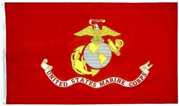 United States Marine Corps Flag Alt text: A red flag with the emblem of the United States Marine Corps in the center. The emblem features a golden eagle perched on a globe, holding a banner in its beak that reads "Semper Fidelis" (Latin for "Always Faithful"). Below the globe is a white scroll with the inscription "United States Marine Corps" in red letters.