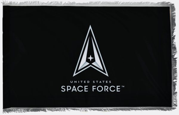 Black U.S. Space Force flag with delta wing symbol and silver fringe.