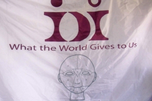 A custom white flag with an applique of the IDI logo and a grey face map applique. Text below reads