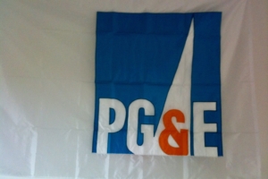 An example of a custom PG&E flag with a blue orange, and white logo, appliqued onto a white background, crafted by Emerson USA.